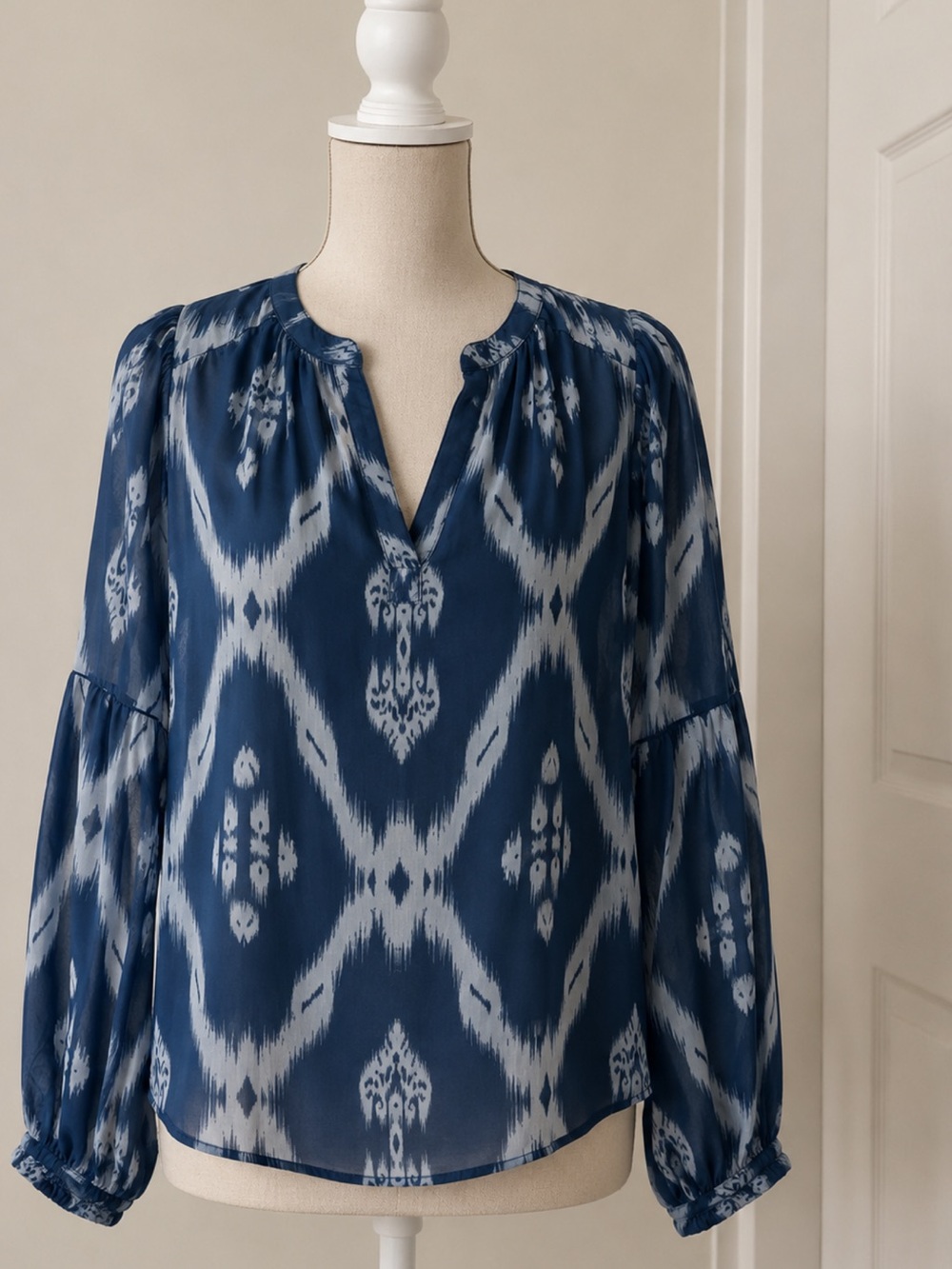 Women's Navy Ikat Split-Neck Long-Sleeve Blouse